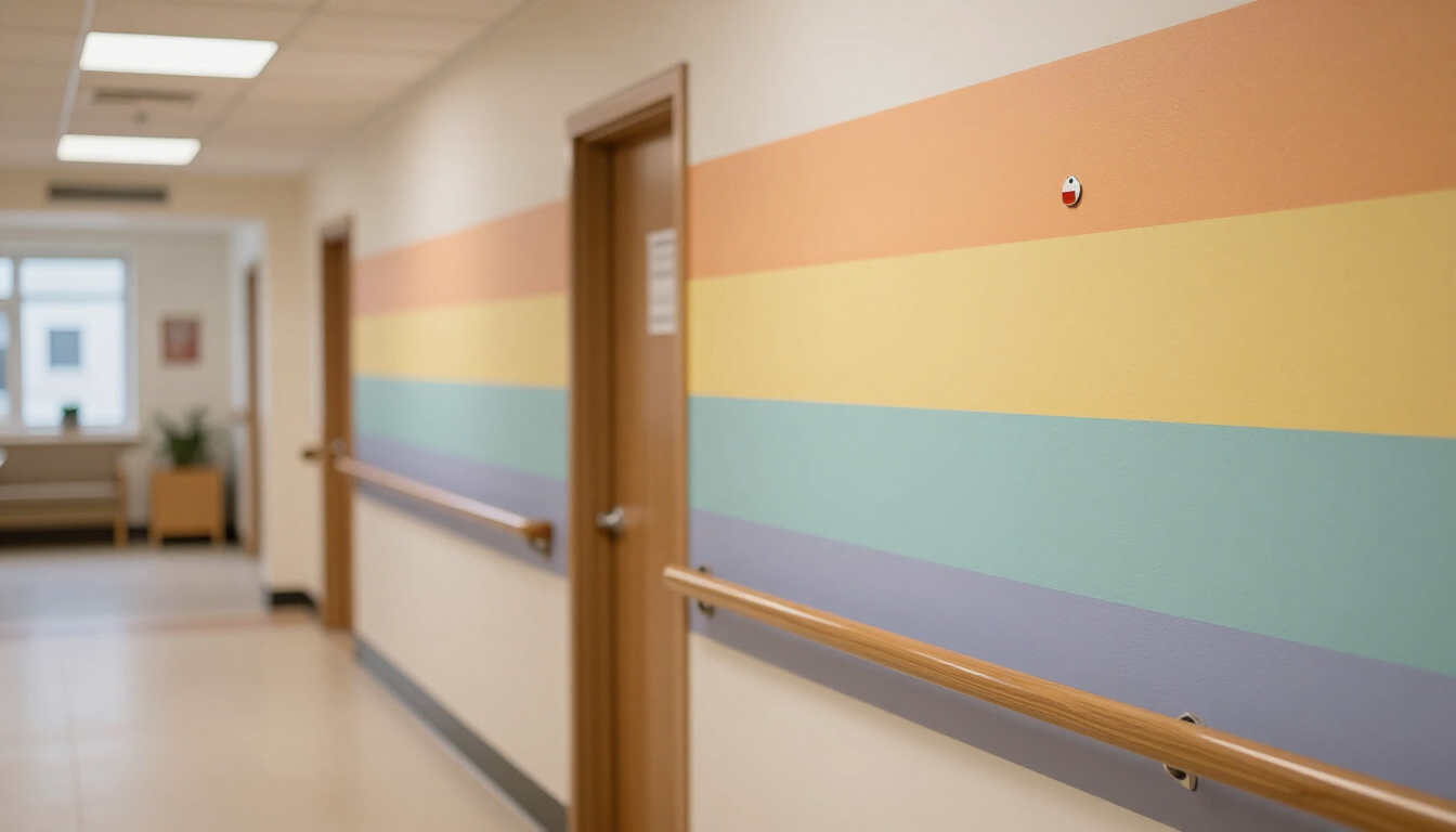 Illustrative photo of a warm accessible care-home corridor with subtle inclusive cues
