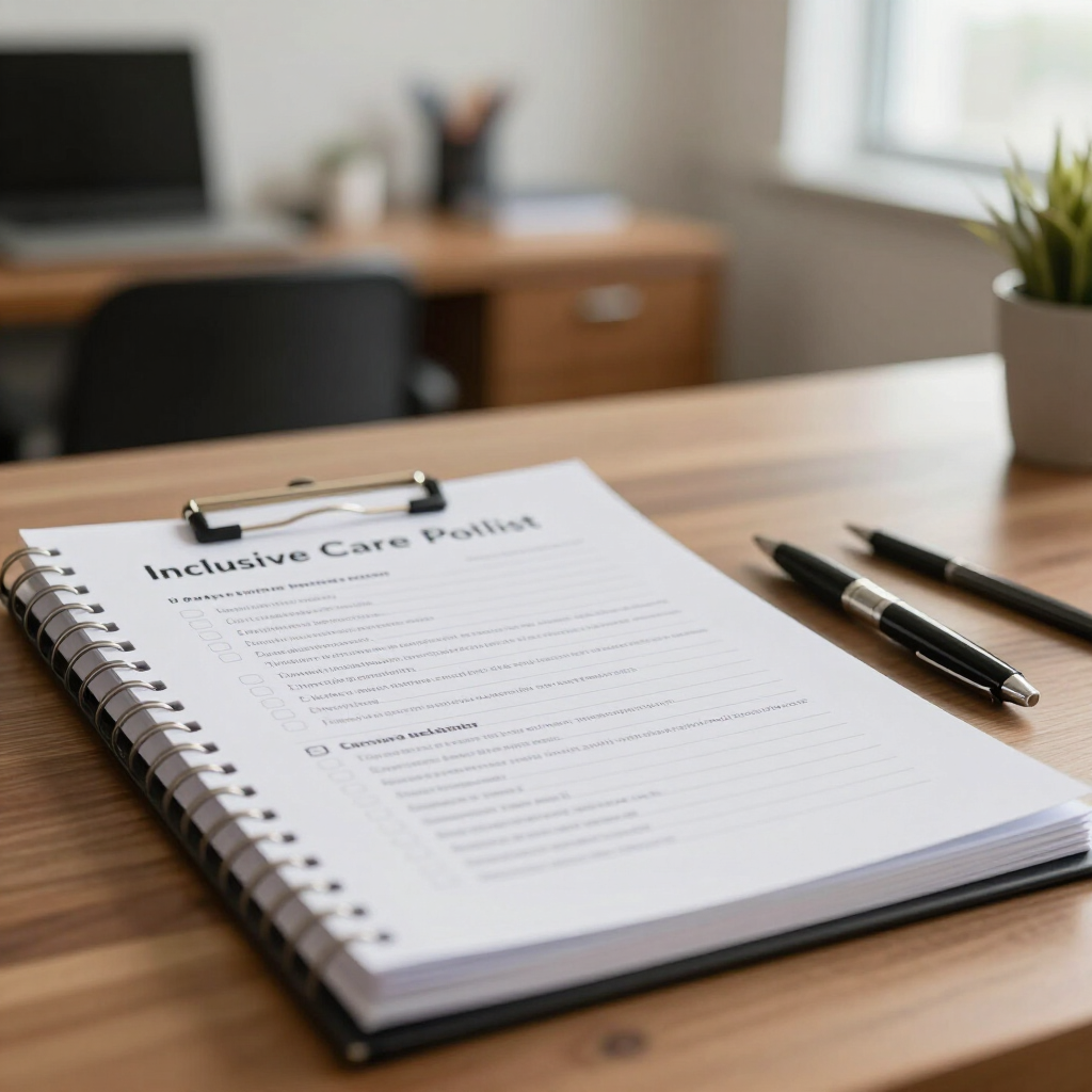 Illustrative photo of an inclusion policy checklist binder on a care-home desk