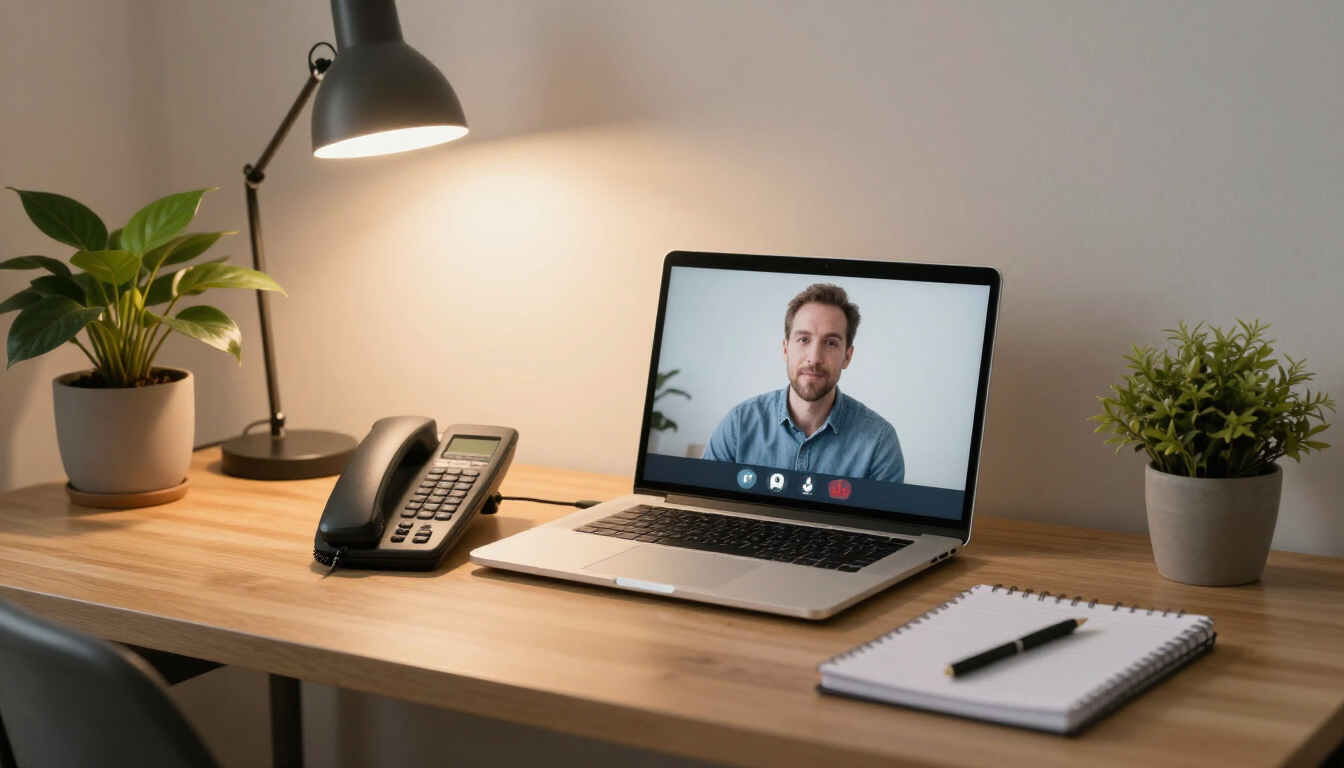 Illustrative photo of a calm desk with laptop and phone ready for a confidential consultation call
