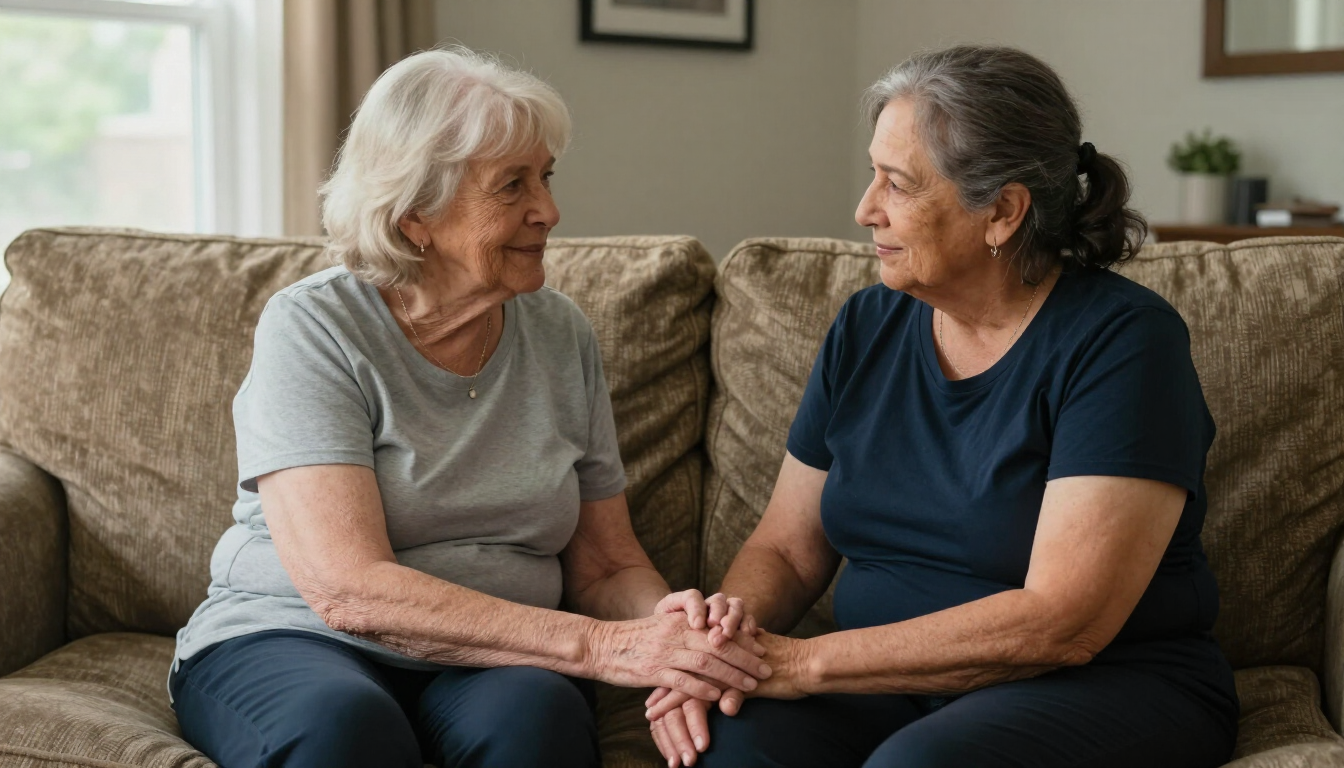 Illustrative photo of older partners sitting together in a welcoming seniors’ care common room