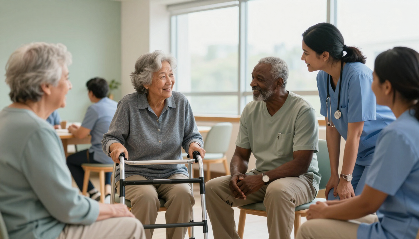 Illustrative photo of diverse older adults and a care aide talking warmly in a bright Canadian long-term care lounge