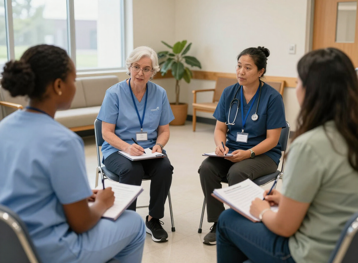 Illustrative photo of a diverse Canadian care team in a staff training discussion circle