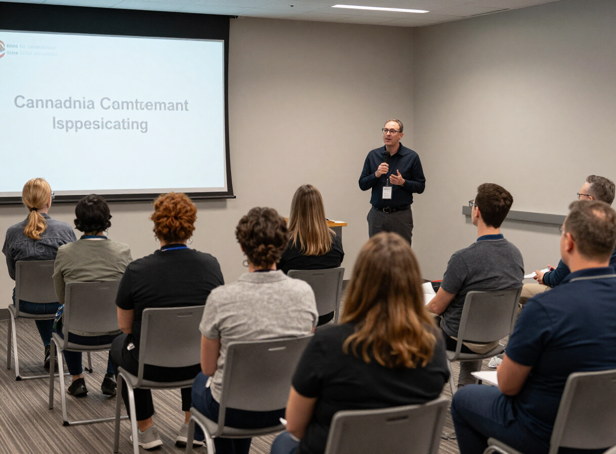 Illustrative photo of a presenter addressing care professionals in a Canadian workshop room