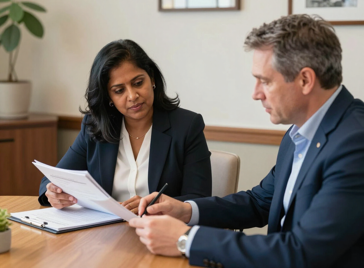 Illustrative photo of care leaders reviewing policy binders at a wooden office table