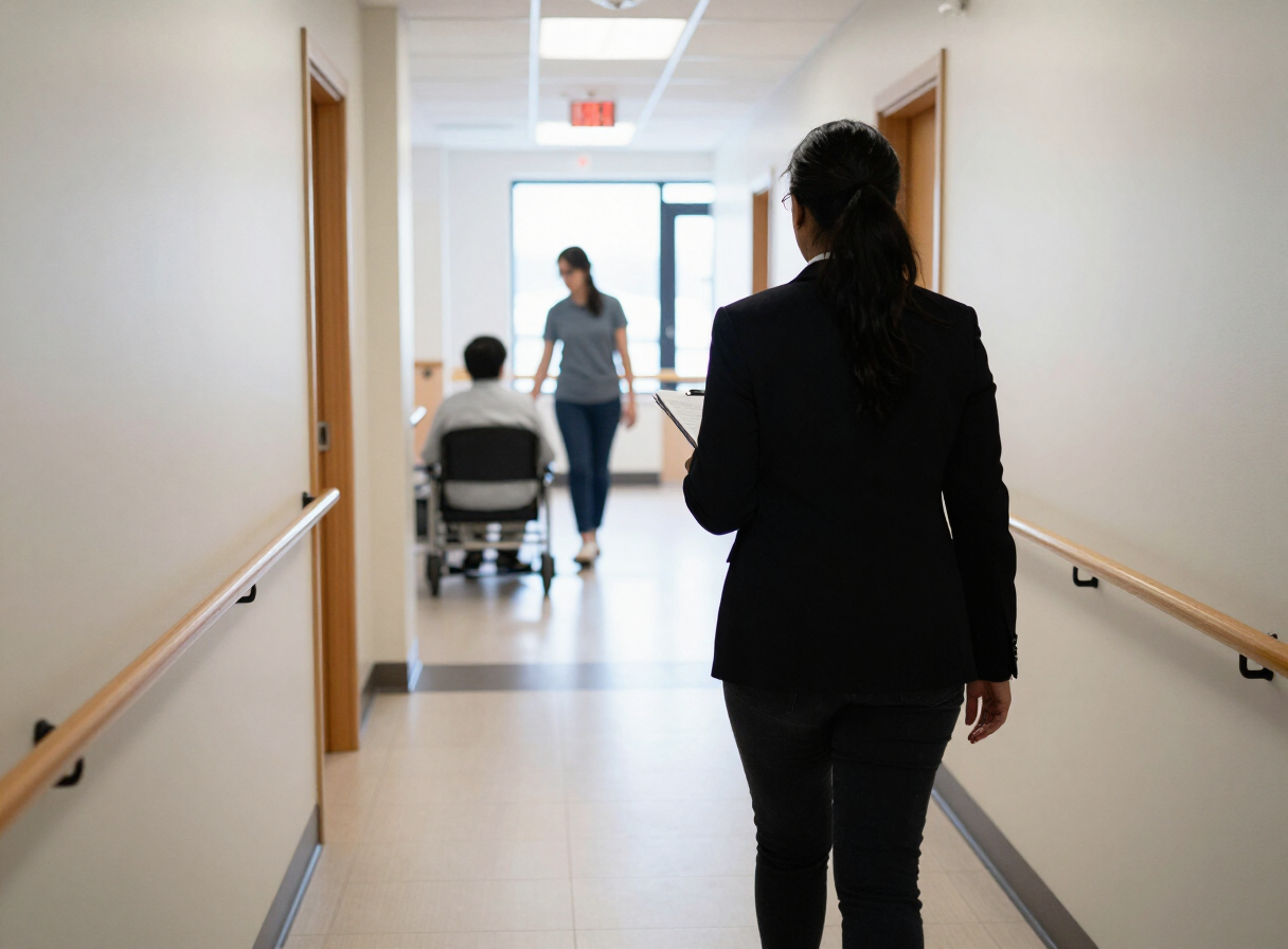 Illustrative photo of an inclusion walkthrough along a bright accessible care-home corridor