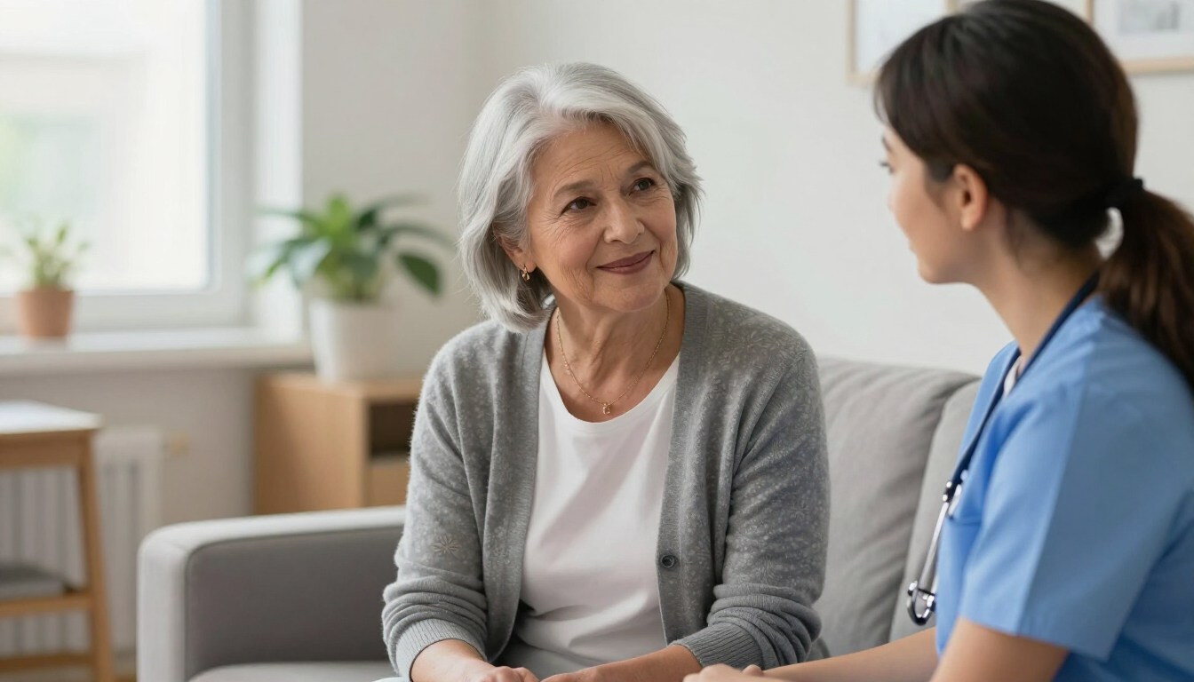 Illustrative photo of an older transgender woman speaking with a nurse in a care lounge — not a real resident or staff member of a client organization