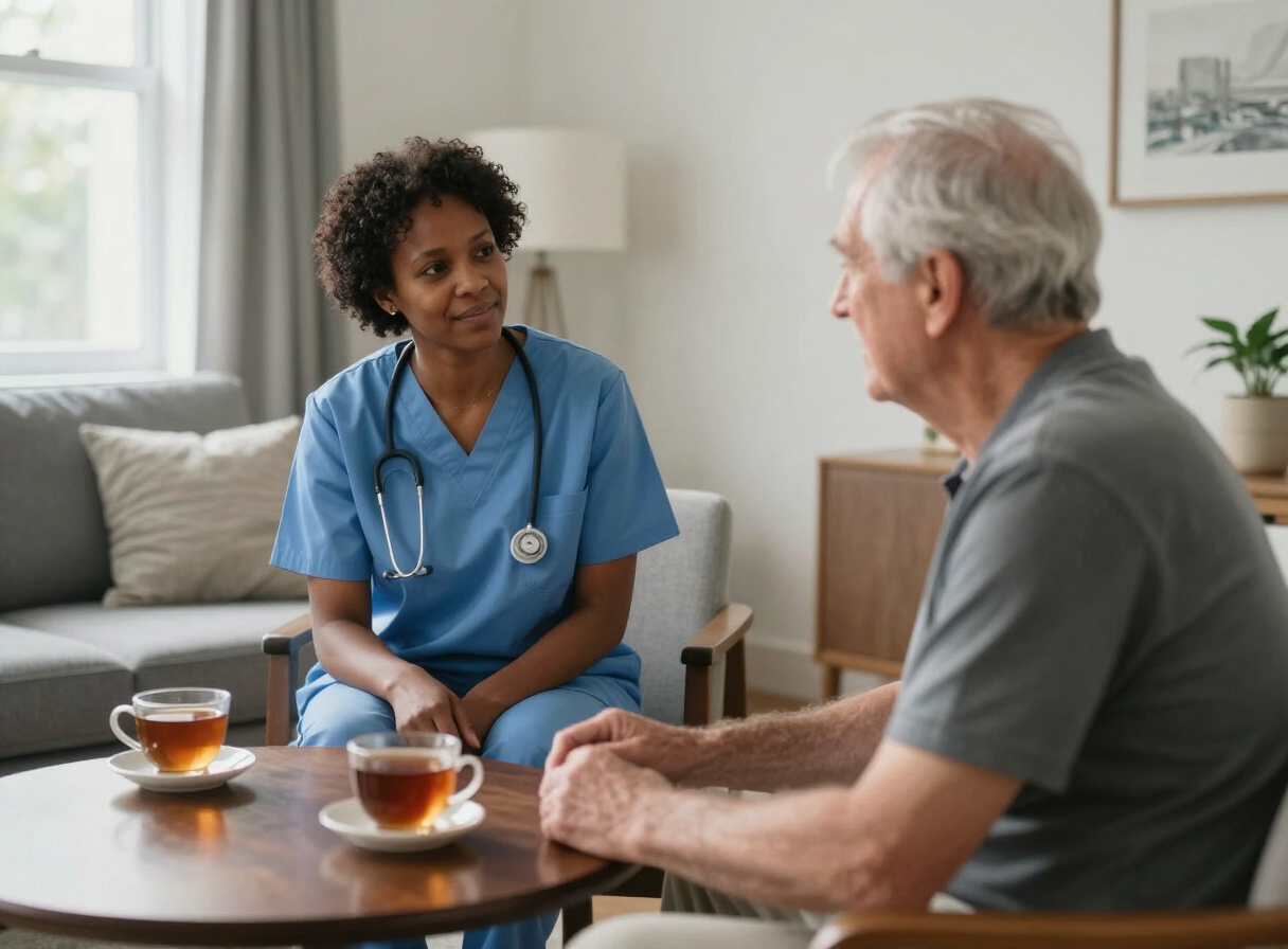 Illustrative photo of a home care worker visiting an older adult in a modest Canadian apartment living room