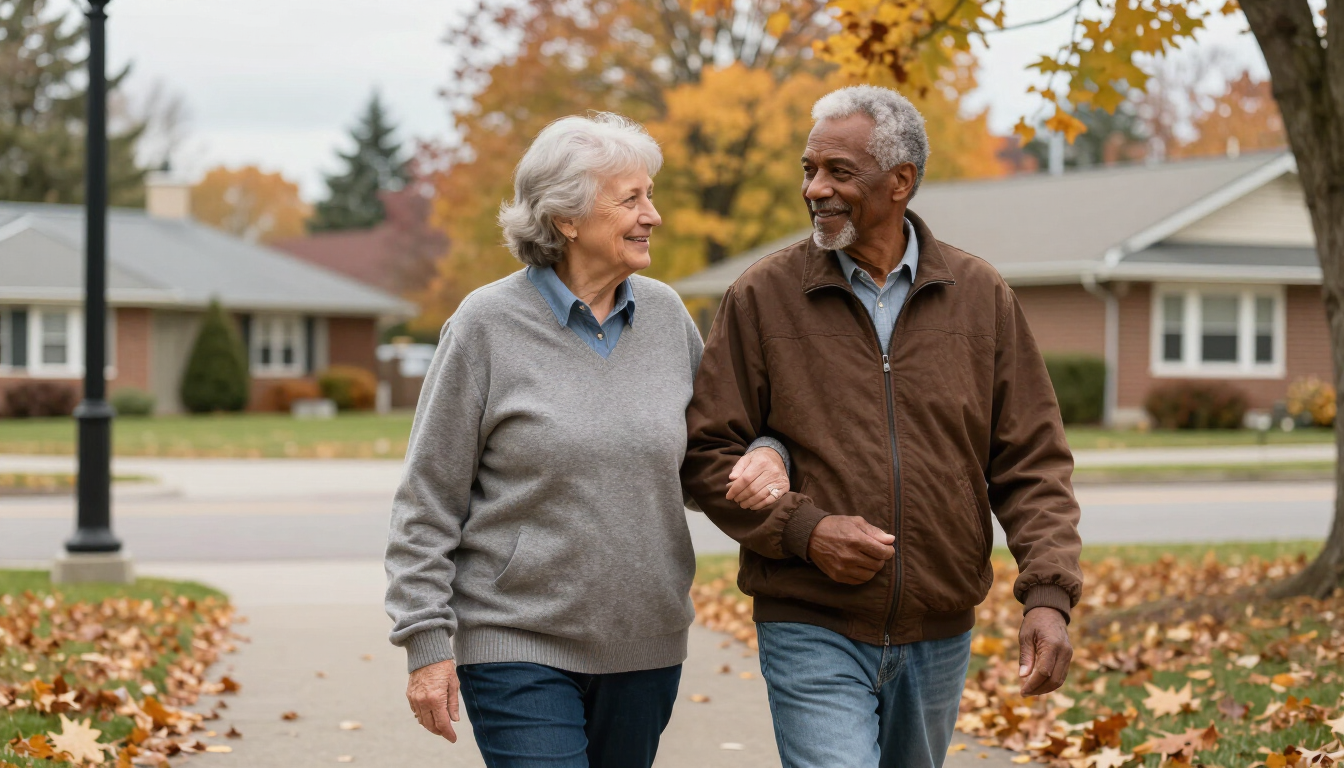 Illustrative photo of an older same-gender couple walking arm in arm near a Canadian residence — not real clients of Pride in Care