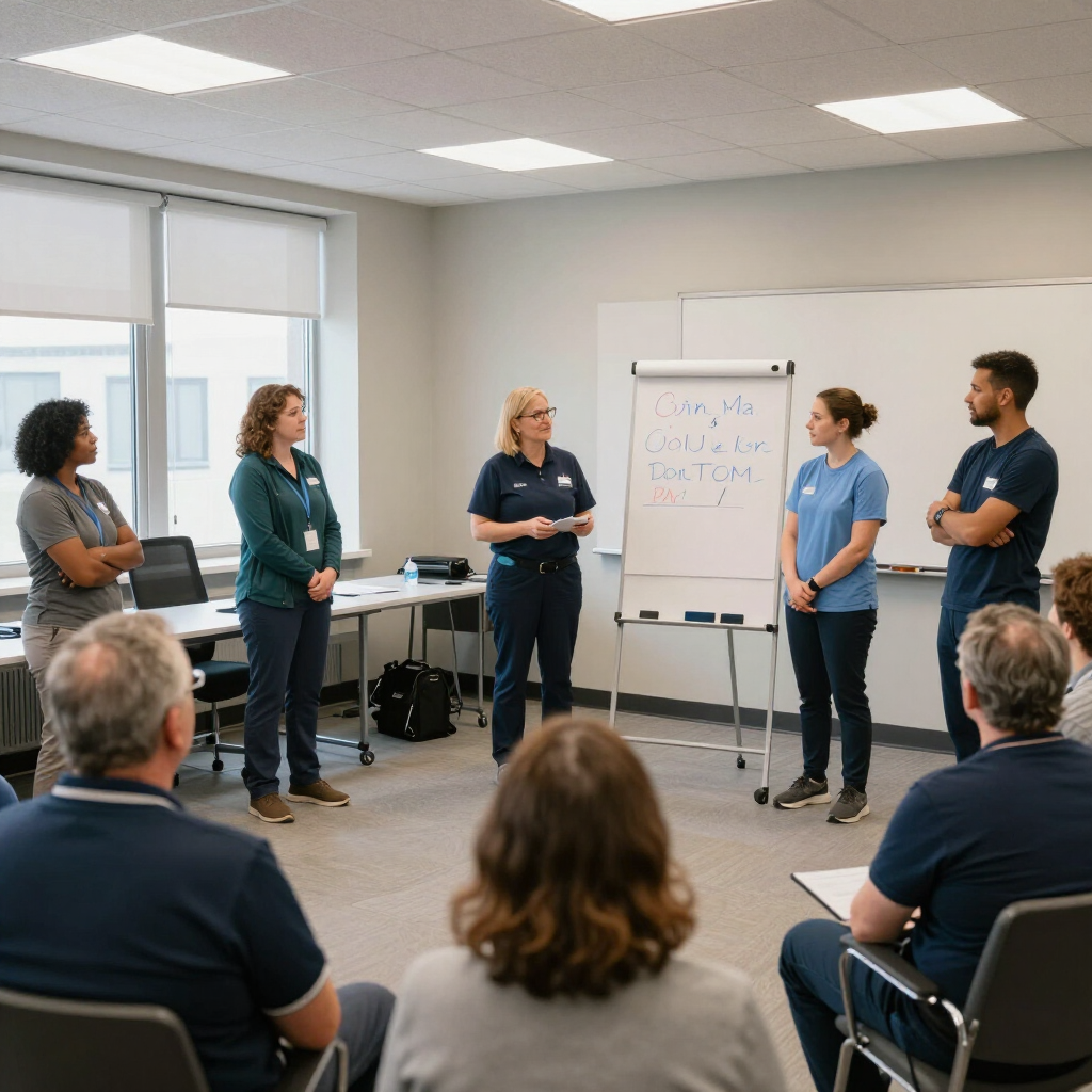 Illustrative photo of care staff in a foundations training session near a flipchart