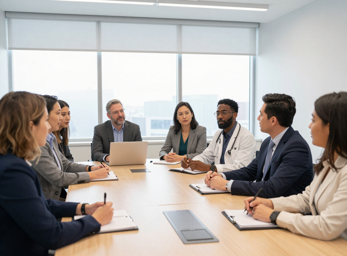 Illustrative photo of healthcare leaders collaborating around a conference table