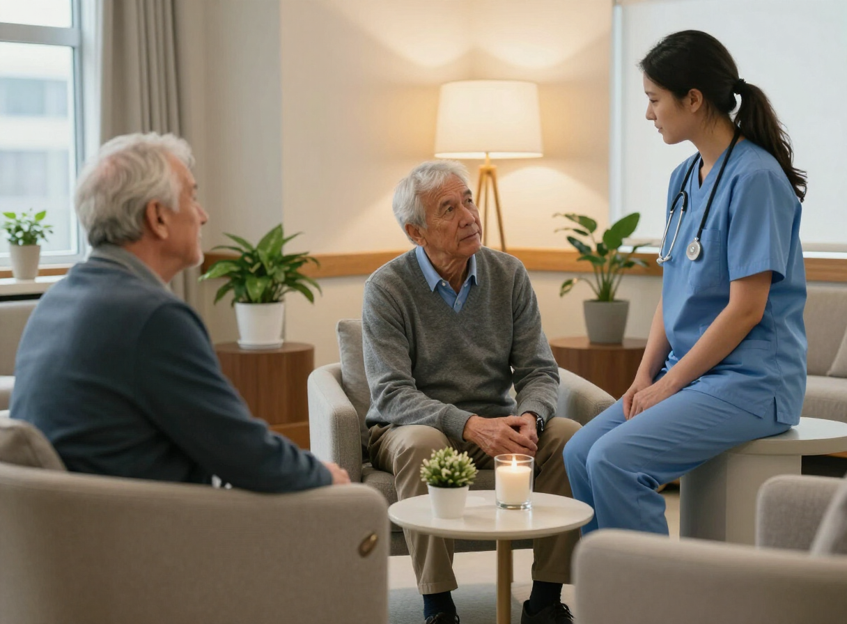 Illustrative photo of a calm Canadian hospice lounge with older partners and a nurse nearby